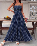 Polka Dot Strapless Flowy Maxi Dress - Dark-Blue