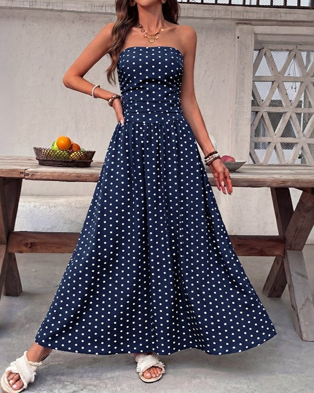 Polka Dot Strapless Flowy Maxi Dress - Dark-Blue