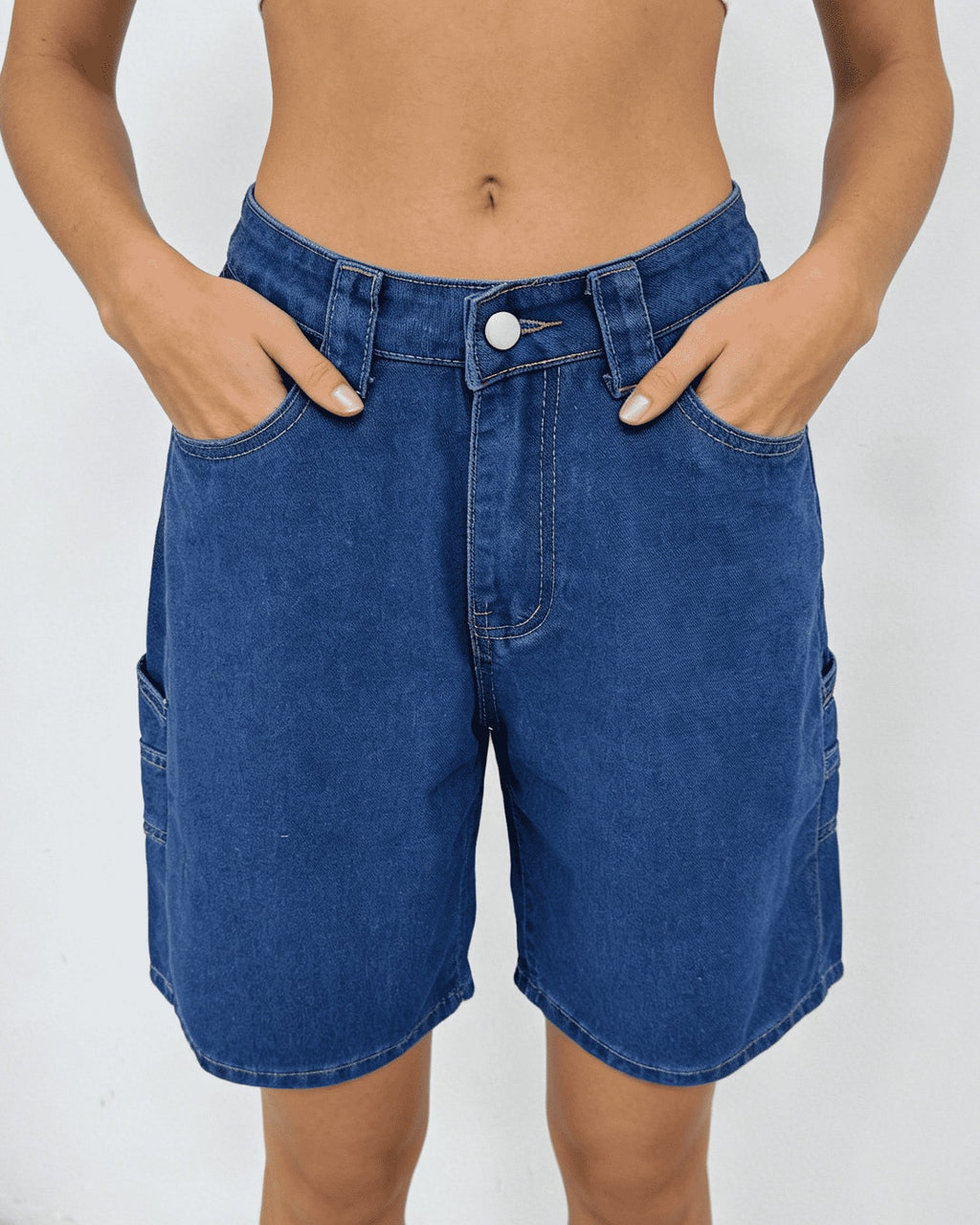 High Waist Denim Carpenter Shorts With Star - Dark-Blue - 1