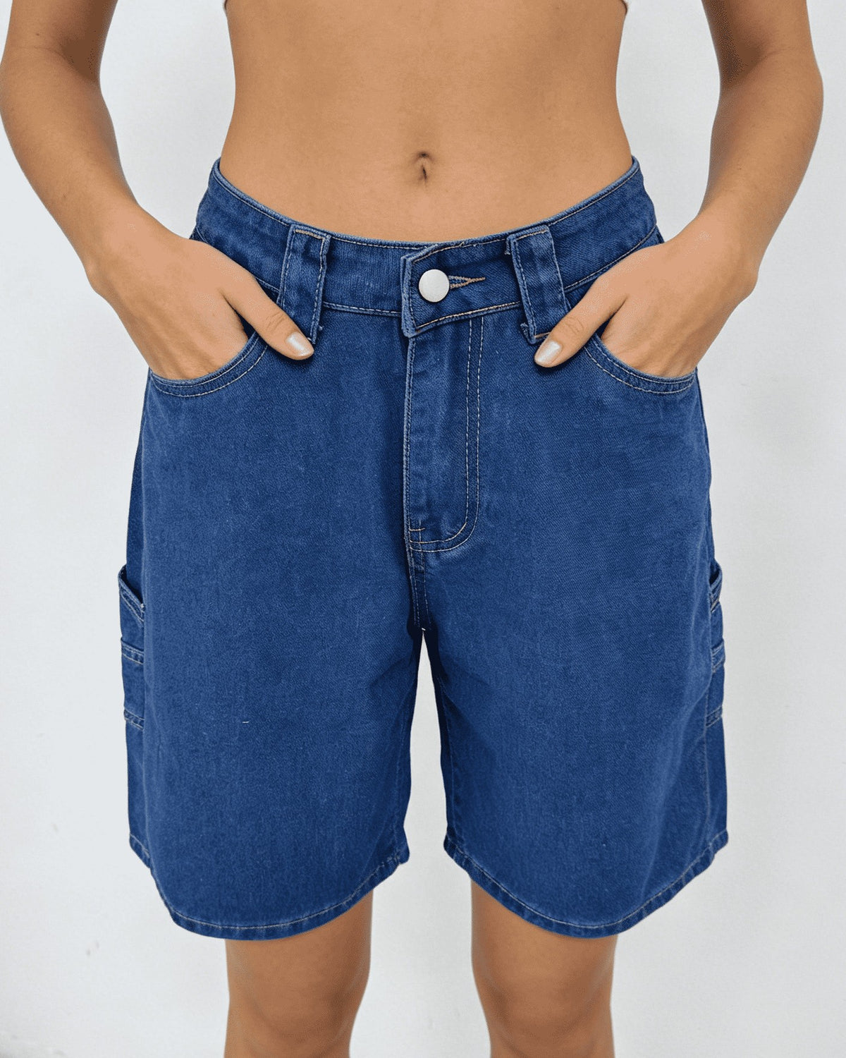 High Waist Denim Carpenter Shorts With Star - Dark-Blue - 1
