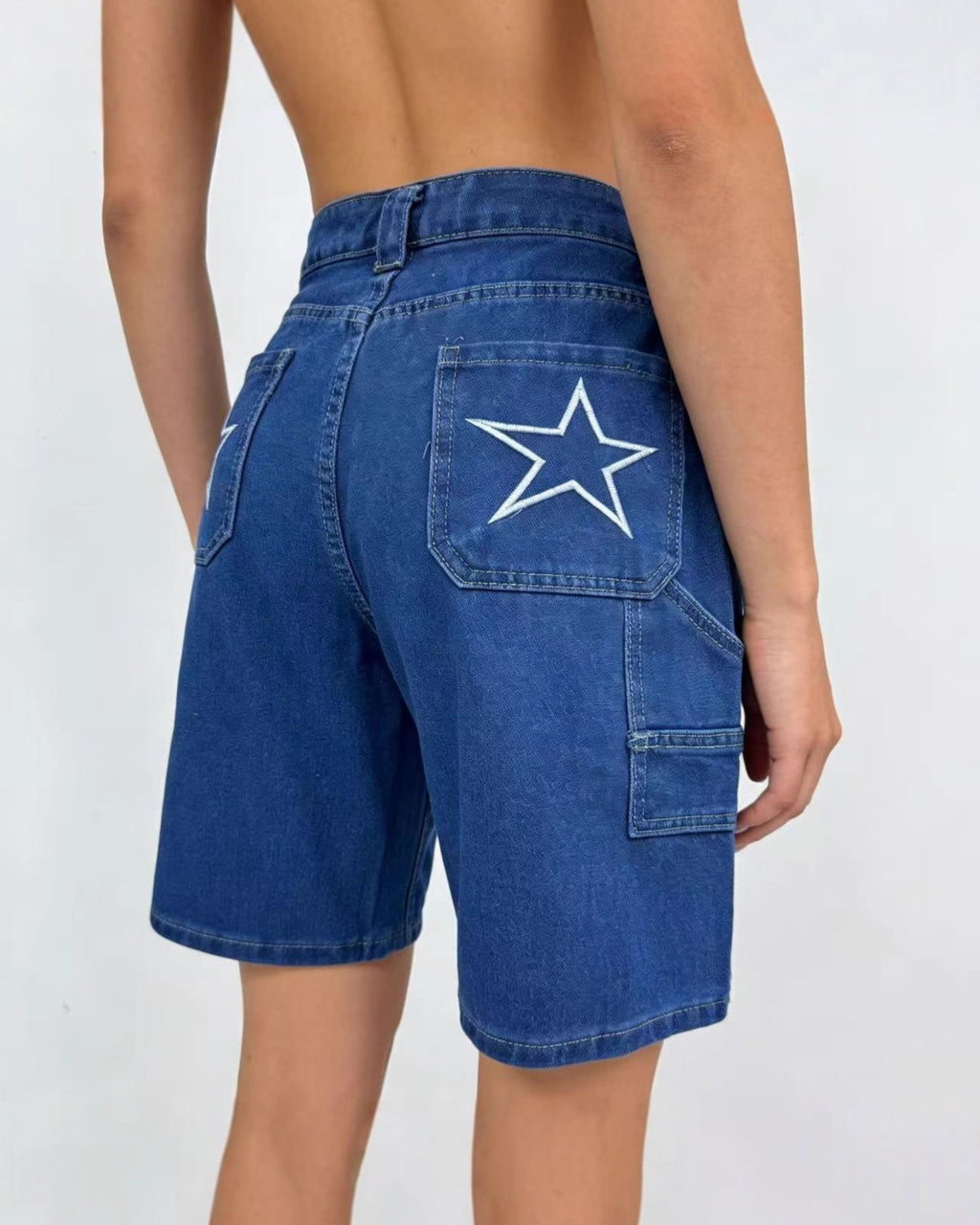 High Waist Denim Carpenter Shorts With Star - Dark-Blue - 2