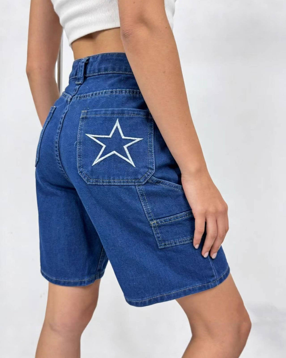 High Waist Denim Carpenter Shorts With Star