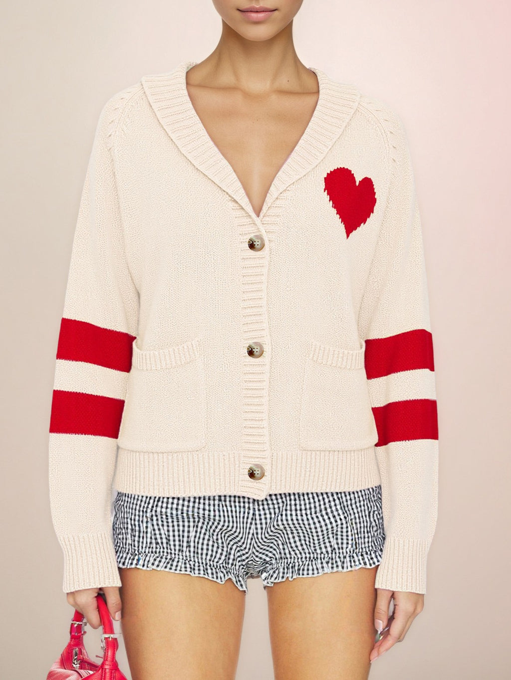 Varsity Stripe Heart Patch Knit Cardigan - Apricot