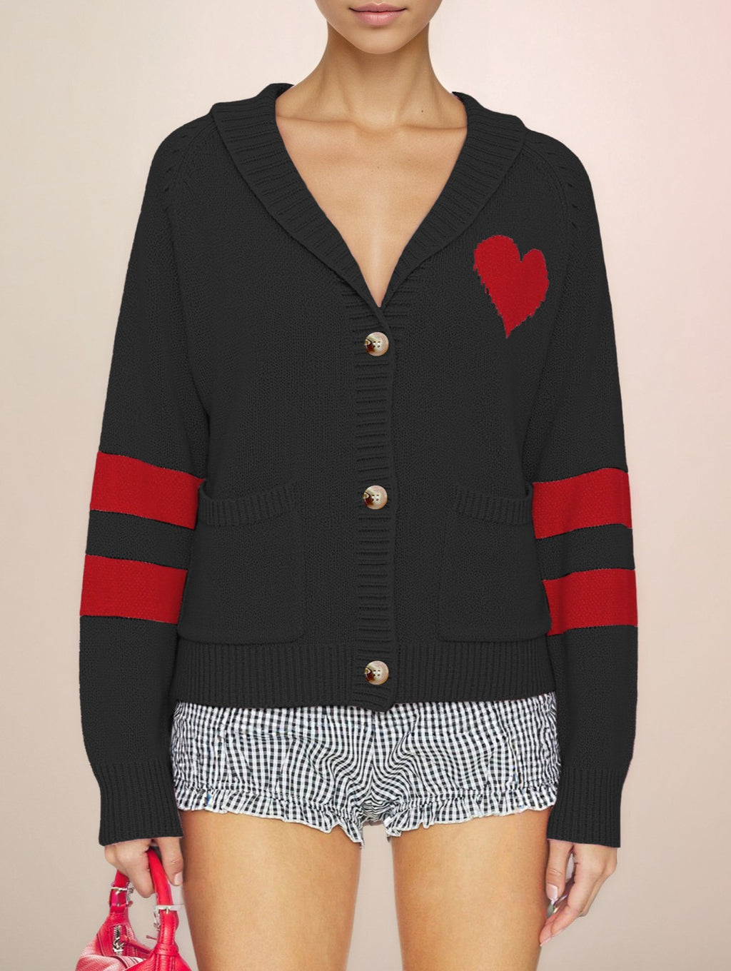 Varsity Stripe Heart Patch Knit Cardigan - Black