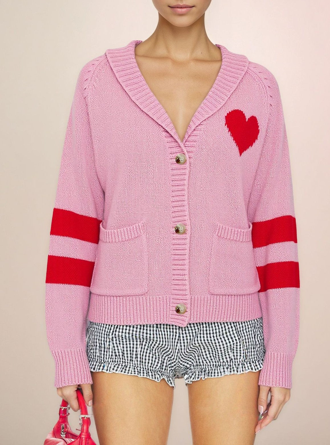 Varsity Stripe Heart Patch Knit Cardigan - Pink