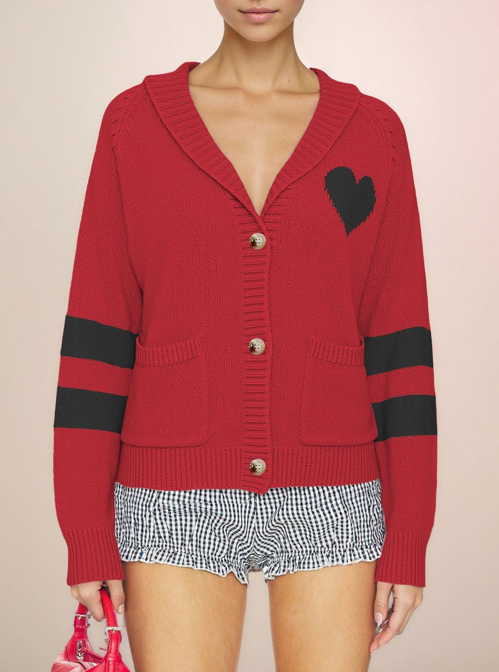 Varsity Stripe Heart Patch Knit Cardigan - Red
