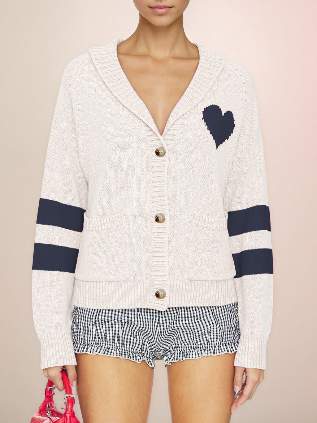 Varsity Stripe Heart Patch Knit Cardigan - White