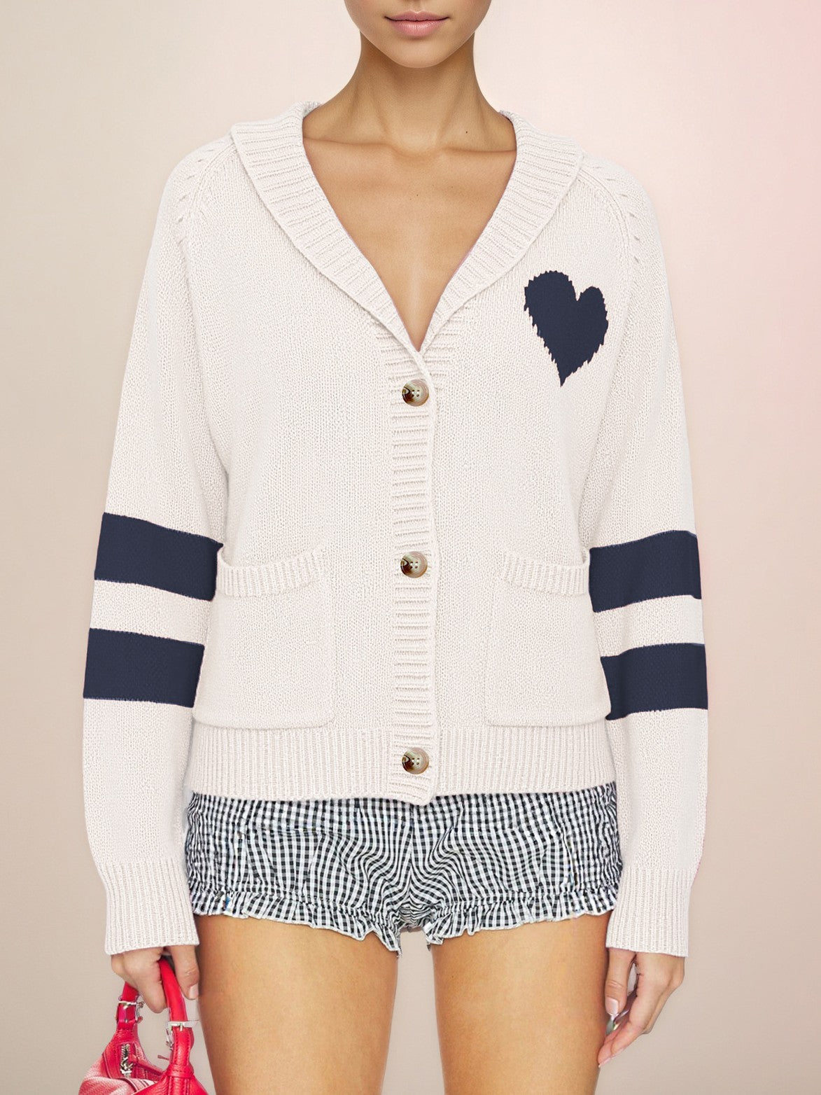 Varsity Stripe Heart Patch Knit Cardigan - White