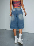 Faded Wash Baggy Knee Length Denim Shorts - Blue