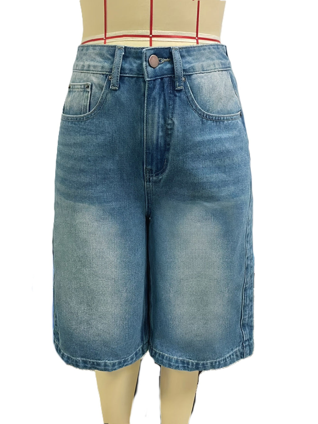 Faded Wash Baggy Knee Length Denim Shorts - Blue - 1