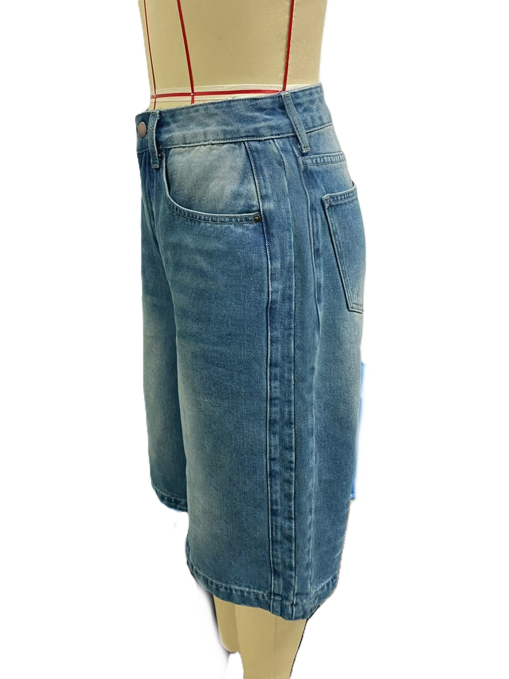 Faded Wash Baggy Knee Length Denim Shorts - Blue - 2