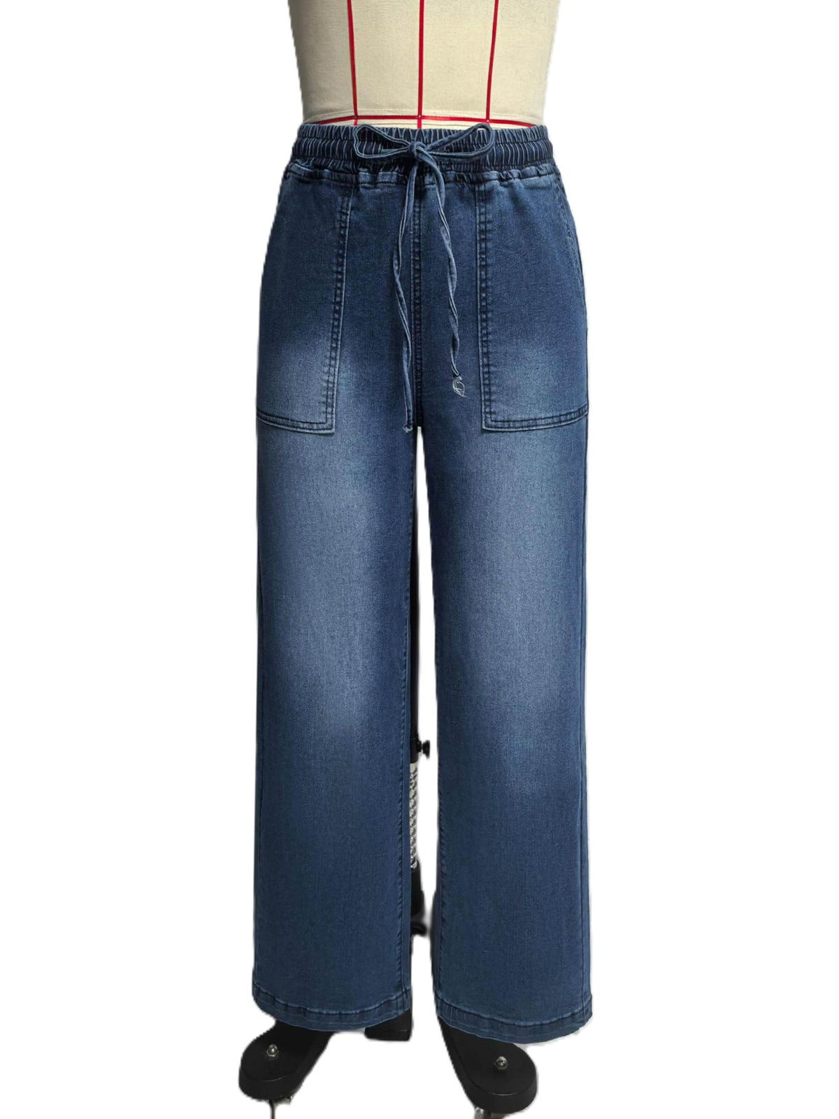 High Rise Drawstring Wide Leg Jeans - DarkBlue - 1