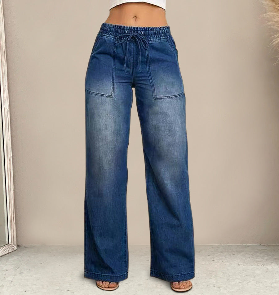 High Rise Drawstring Wide Leg Jeans - DarkBlue - 4