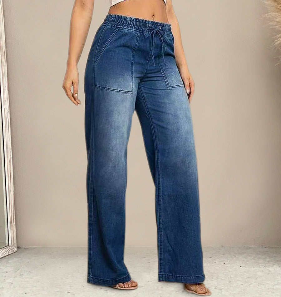 High Rise Drawstring Wide Leg Jeans - DarkBlue - 5