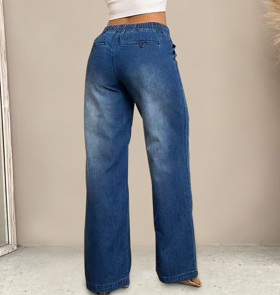 High Rise Drawstring Wide Leg Jeans - DarkBlue - 6