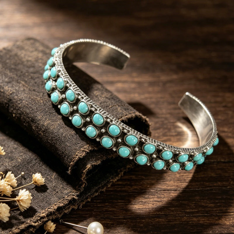 Turquoise Stone Beaded Cuff Bracelet - Turquoise - 1
