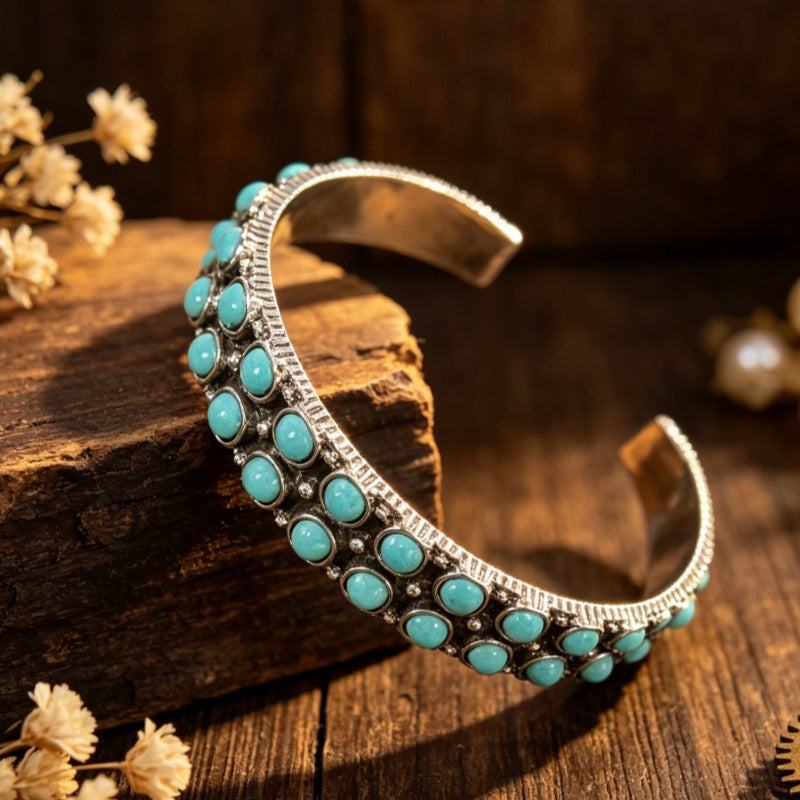 Turquoise Stone Beaded Cuff Bracelet - Turquoise - 2