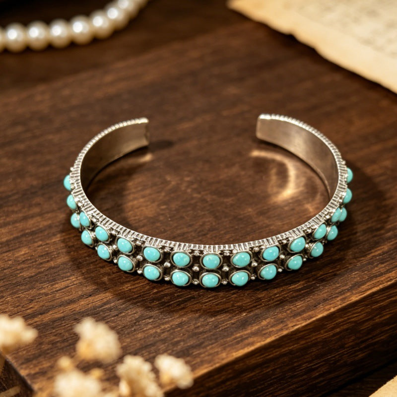 Turquoise Stone Beaded Cuff Bracelet - Turquoise - 3
