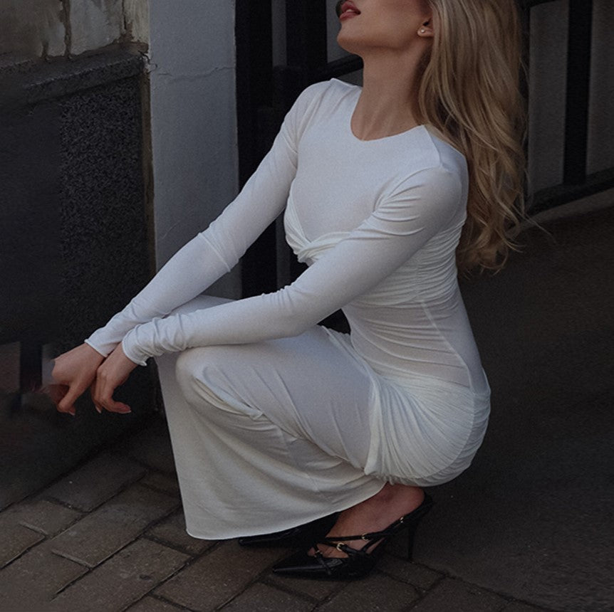 Ruched Twist Front Long Sleeve Maxi Dress - White - 2