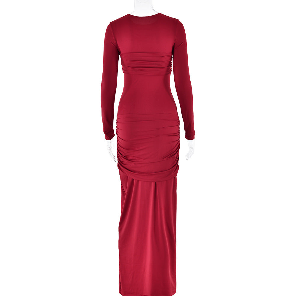 Ruched Twist Front Long Sleeve Maxi Dress - Winered - 1