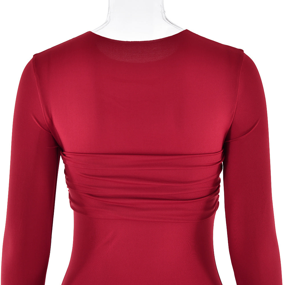 Ruched Twist Front Long Sleeve Maxi Dress - Winered - 2