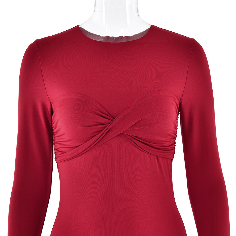 Ruched Twist Front Long Sleeve Maxi Dress - Winered - 3