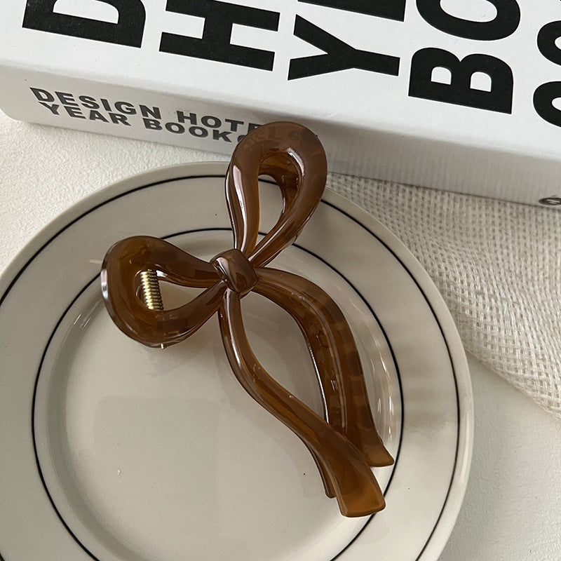 Glossy Ribbon Bow Hair Claw Clip - Brown
