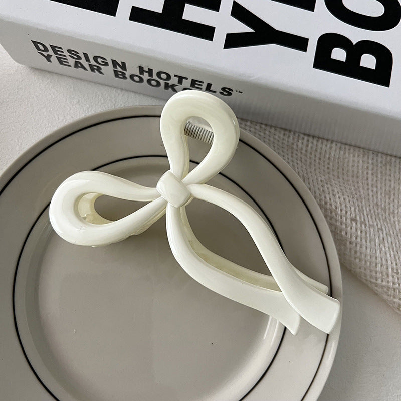 Glossy Ribbon Bow Hair Claw Clip - White