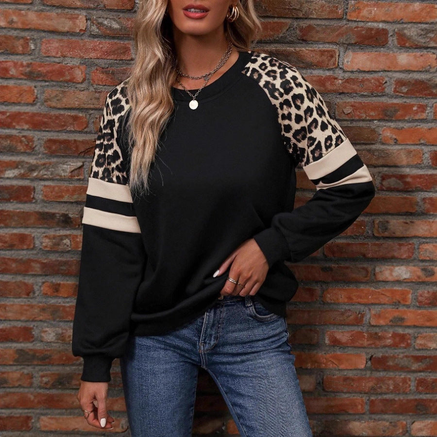 Leopard Raglan Sleeve Stripe Trim Sweatshirt - Black