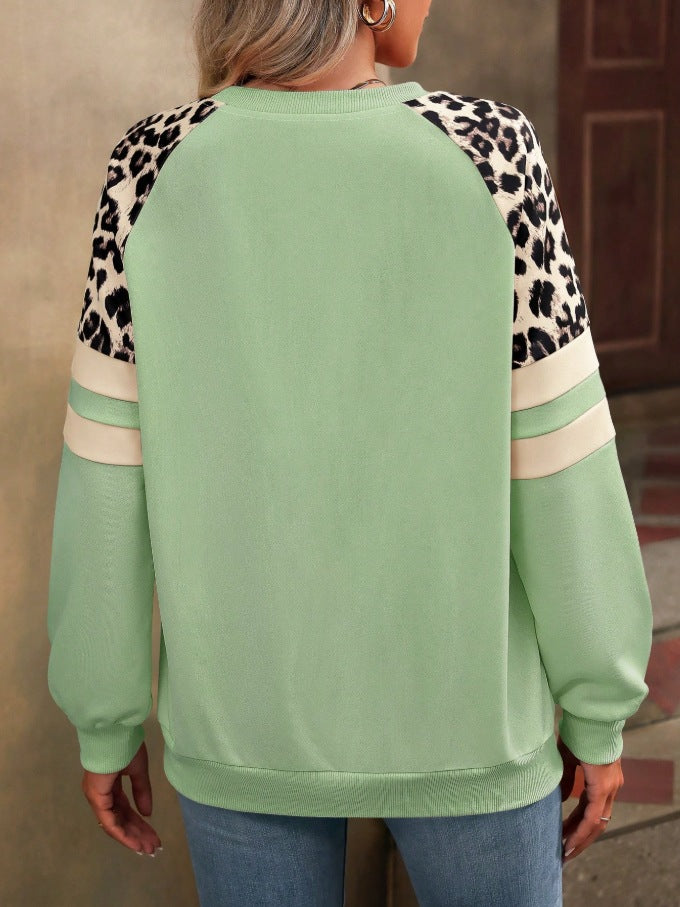 Leopard Raglan Sleeve Stripe Trim Sweatshirt - LtGreen - 3