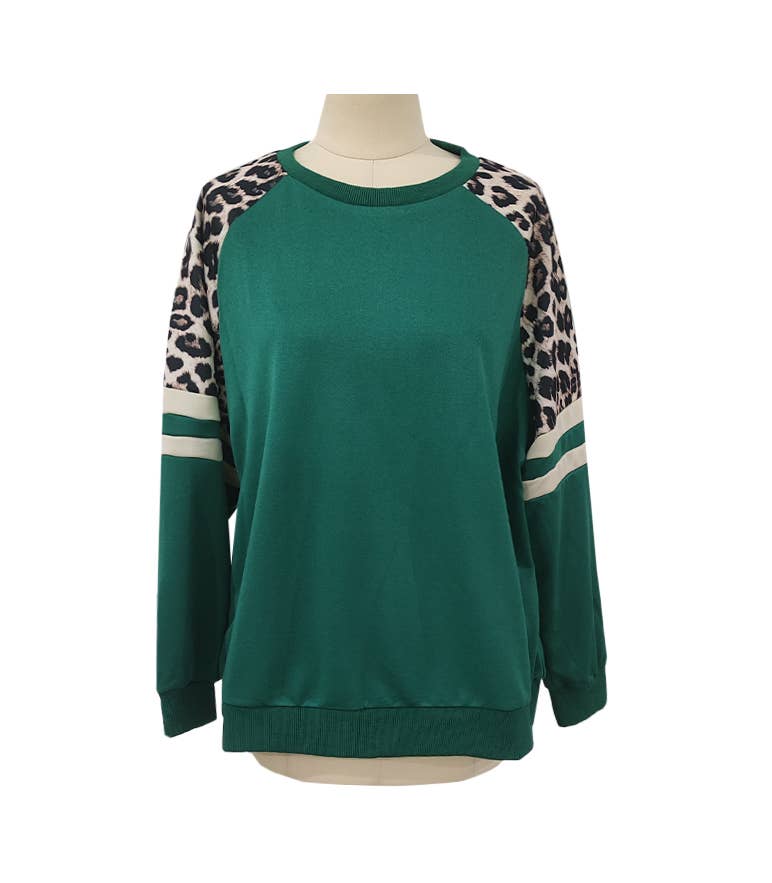 Leopard Raglan Sleeve Stripe Trim Sweatshirt