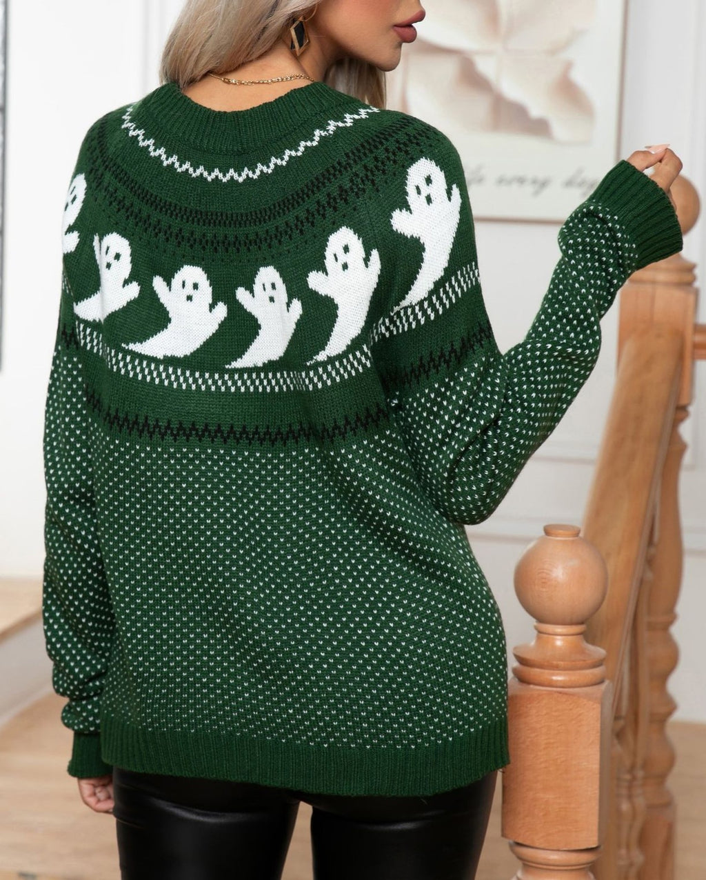 Ghost Motif Crewneck Halloween Sweater - Green