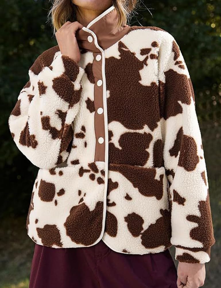 Contrast Trim Sherpa Fleece Jacket - Printed