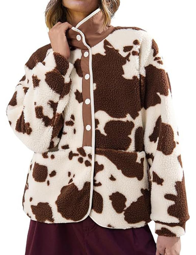 Contrast Trim Sherpa Fleece Jacket - Printed - 1