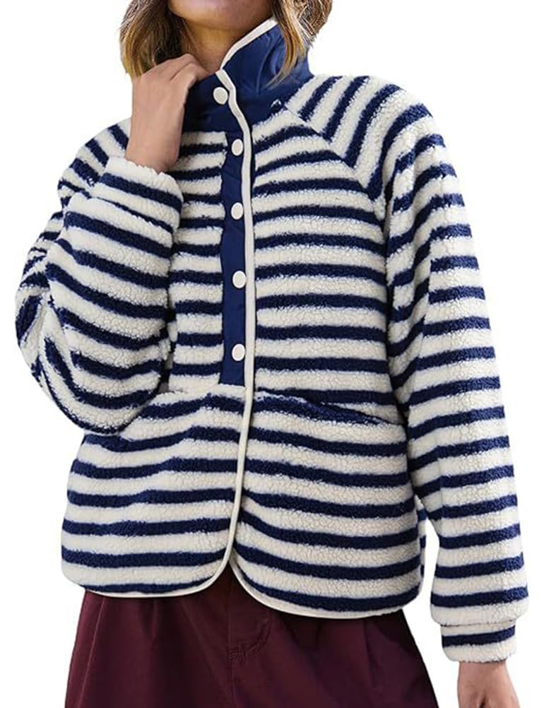 Contrast Trim Sherpa Fleece Jacket - Striped - 1