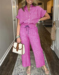 Pinstripe Camp Shirt And Wide Leg Pant Set - Rose