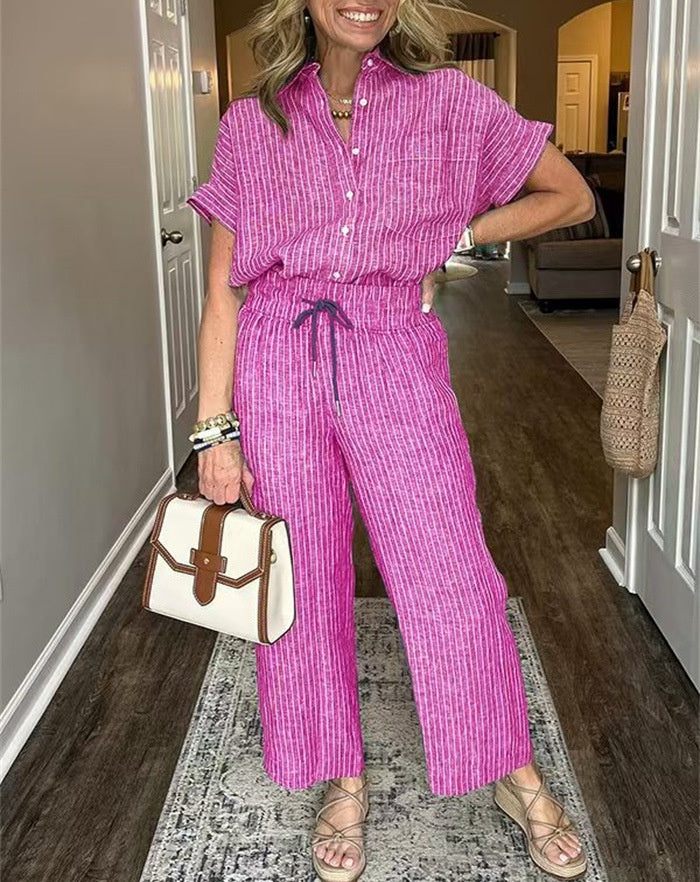 Pinstripe Camp Shirt And Wide Leg Pant Set - Rose