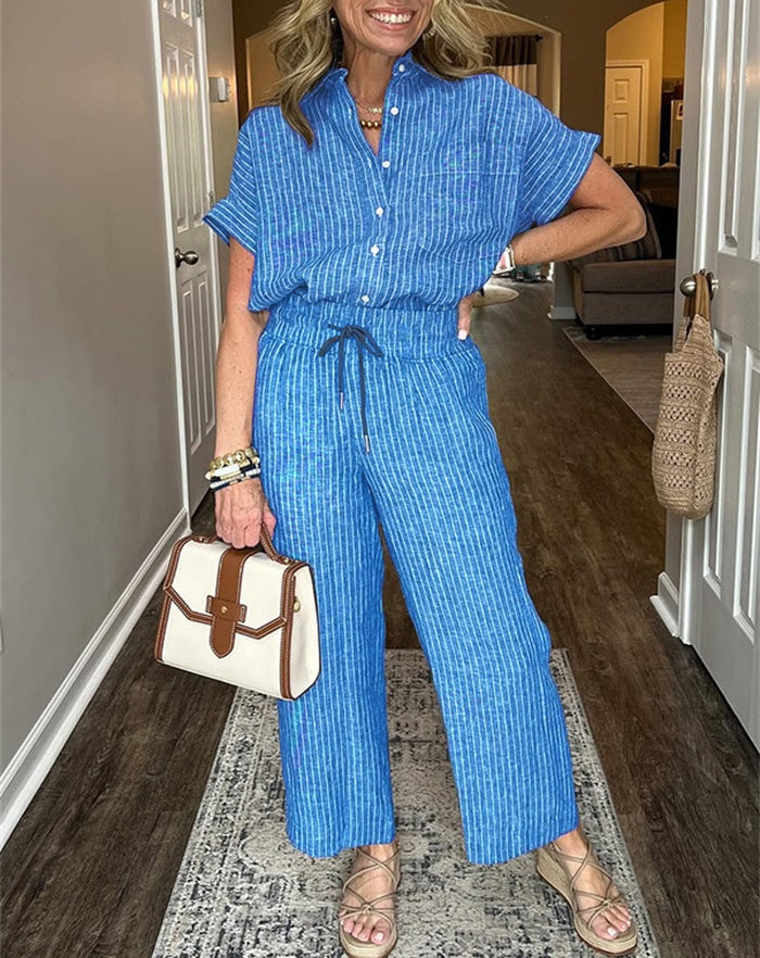 Pinstripe Camp Shirt And Wide Leg Pant Set - blue