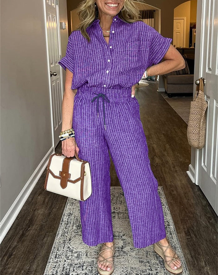 Pinstripe Camp Shirt And Wide Leg Pant Set - purple
