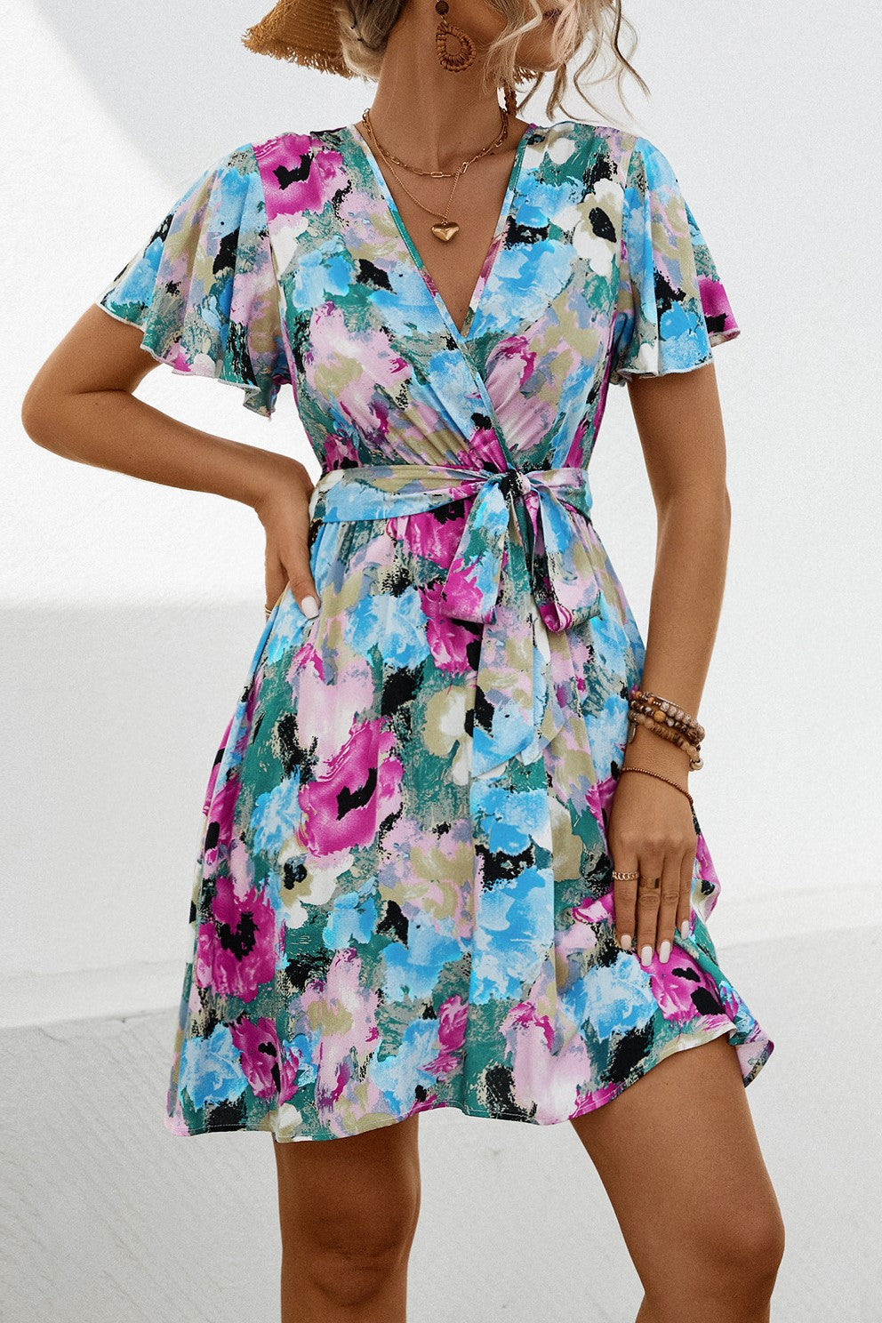 Watercolor Floral Flutter Sleeve Mini Dress - Blue - 1