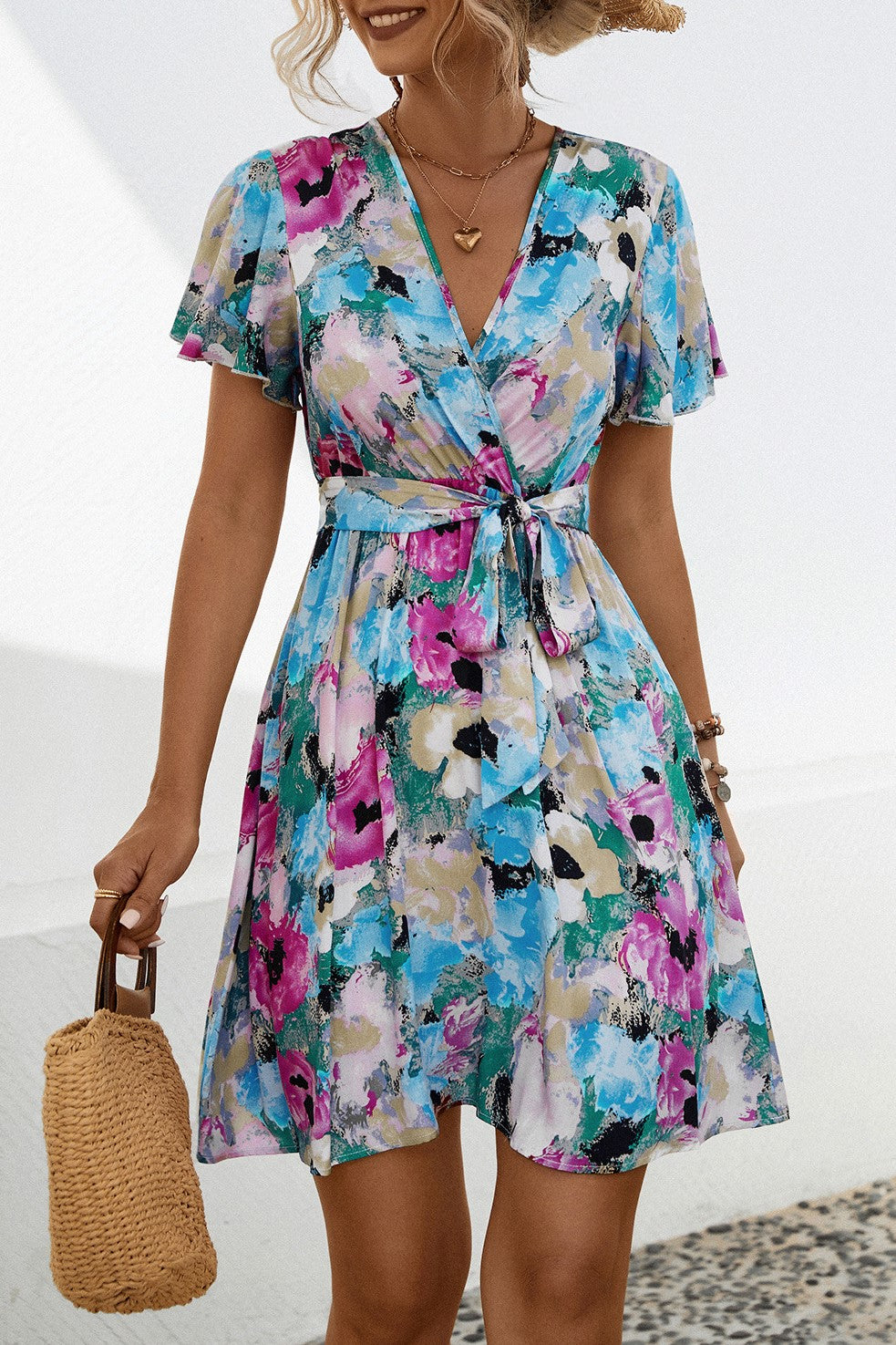 Watercolor Floral Flutter Sleeve Mini Dress - Blue - 3