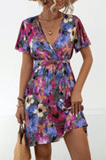 Watercolor Floral Flutter Sleeve Mini Dress - Purple