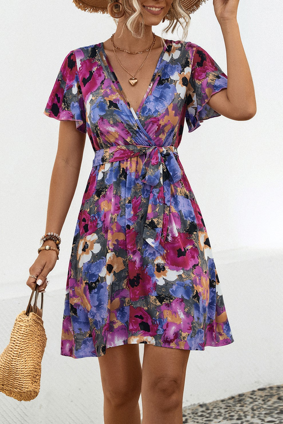 Watercolor Floral Flutter Sleeve Mini Dress - Purple - 3
