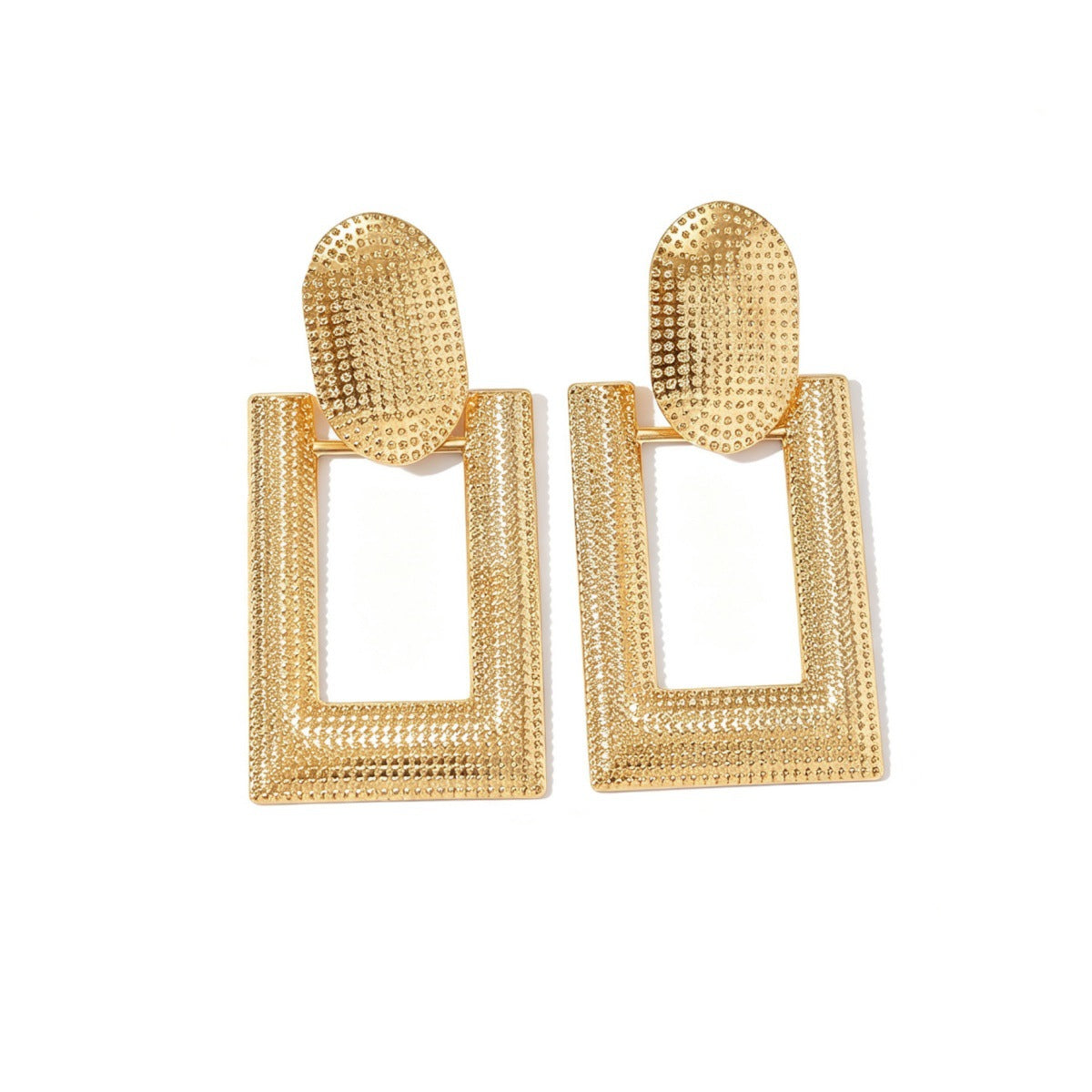 Gold Textured Oval Stud Open Rectangle Drop Earrings - Gold - 1