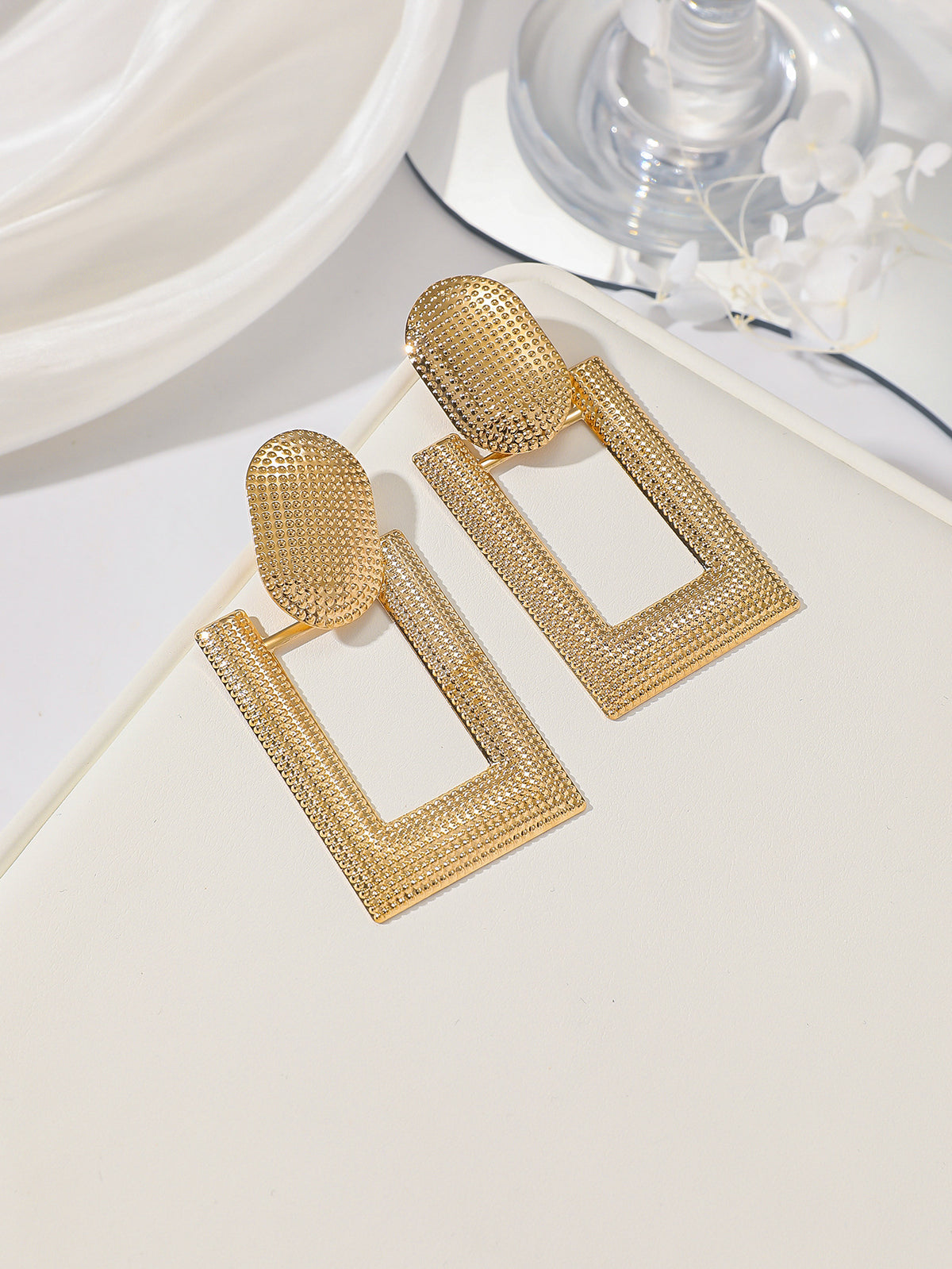 Gold Textured Oval Stud Open Rectangle Drop Earrings - Gold - 3