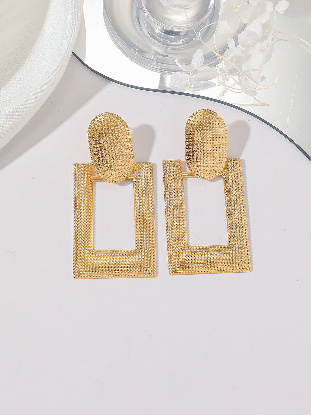 Gold Textured Oval Stud Open Rectangle Drop Earrings - Gold - 4