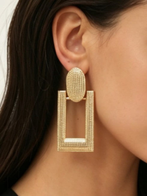 Gold Textured Oval Stud Open Rectangle Drop Earrings - Gold - 5