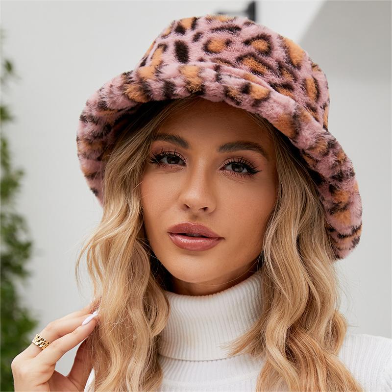 Faux Fur Animal Print Bucket Hat - powder