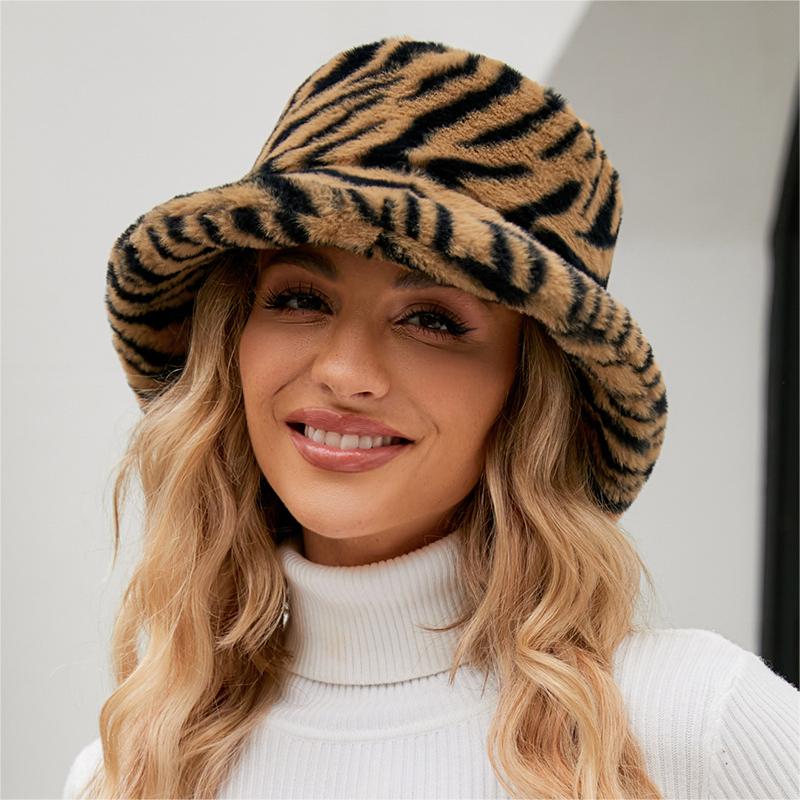 Faux Fur Animal Print Bucket Hat - yellow
