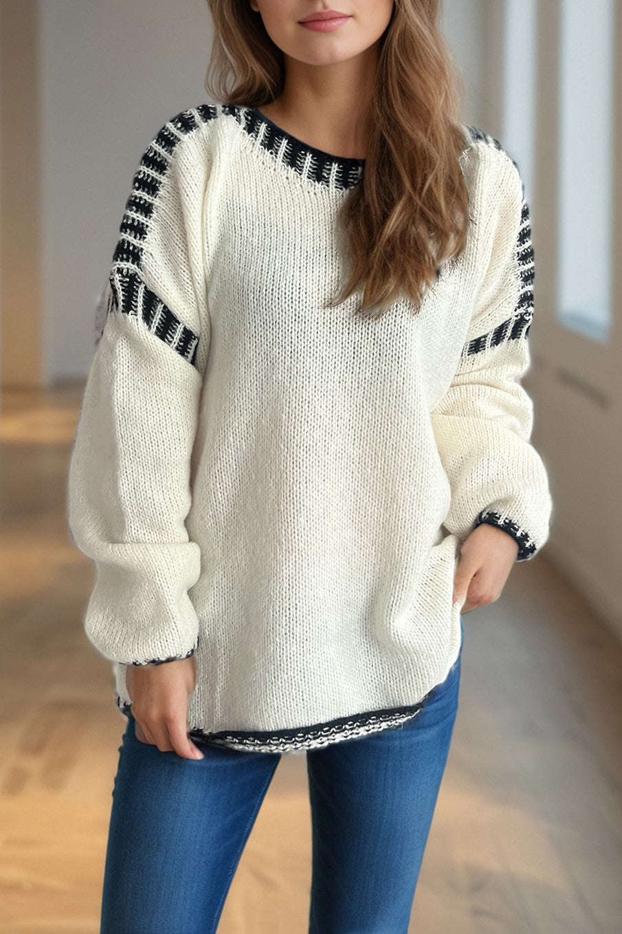 Contrast Whipstitch Slouchy Knit Jumper - Beige